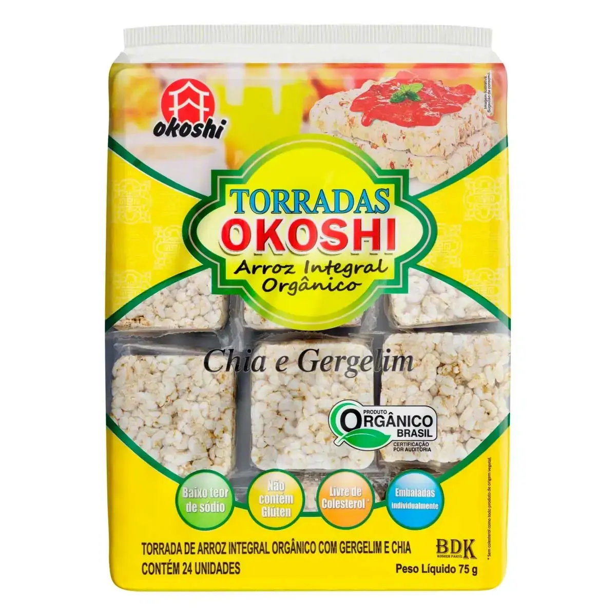 Torrada de Arroz Integral Orgânica Chia e Gergelim Okoshi Pacote 75g 24 Unidades