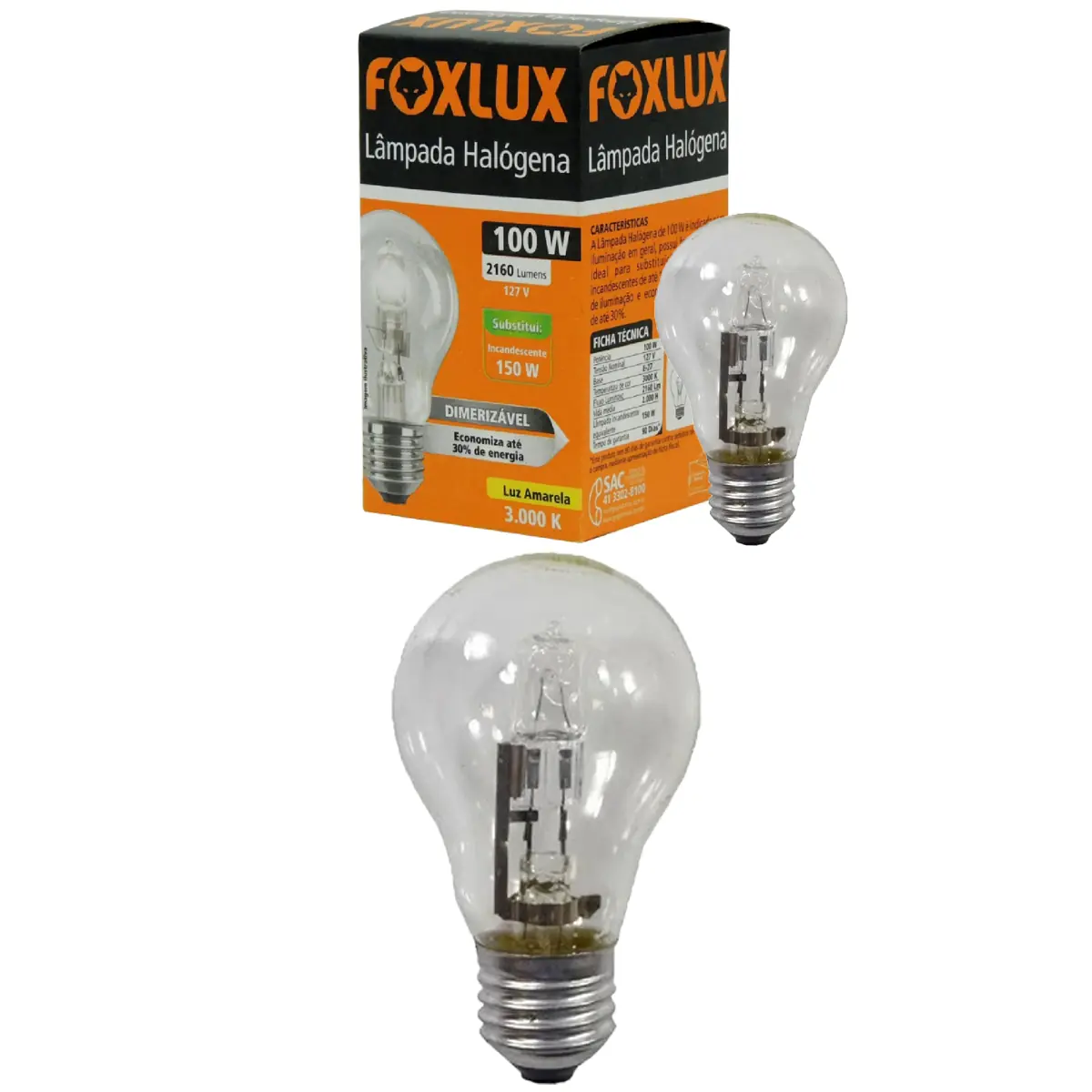 Kit 2 Lâmpada Halógena Clássica Foxlux 100w 127v