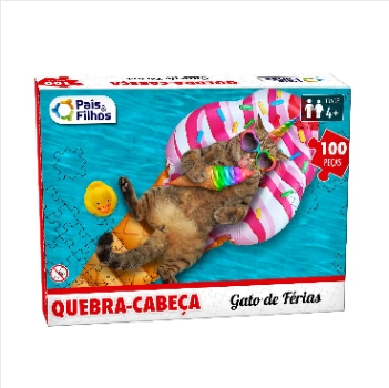 Quebra Cabeça Infantil Gato de Férias 100 Peças Premium, Enquadre 24x39 Cm, Pais & Filhos 10768, + 4 Anos - 146887