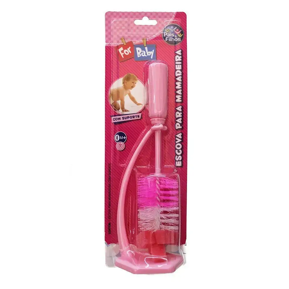 Escova P/mamadeira Pais E Filhos Rosa C/suporte
