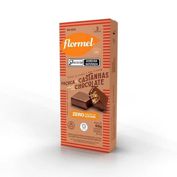 Pack Paçoca De Castanhas Cobertura Chocolate Flormel Caixa 66g 3 Unidades