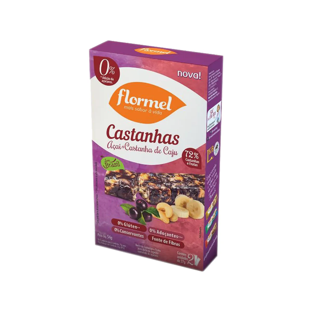 Pack Barra De Nuts Castanha De Caju Com Açaí Flormel Caixa 54g 2 Unidades
