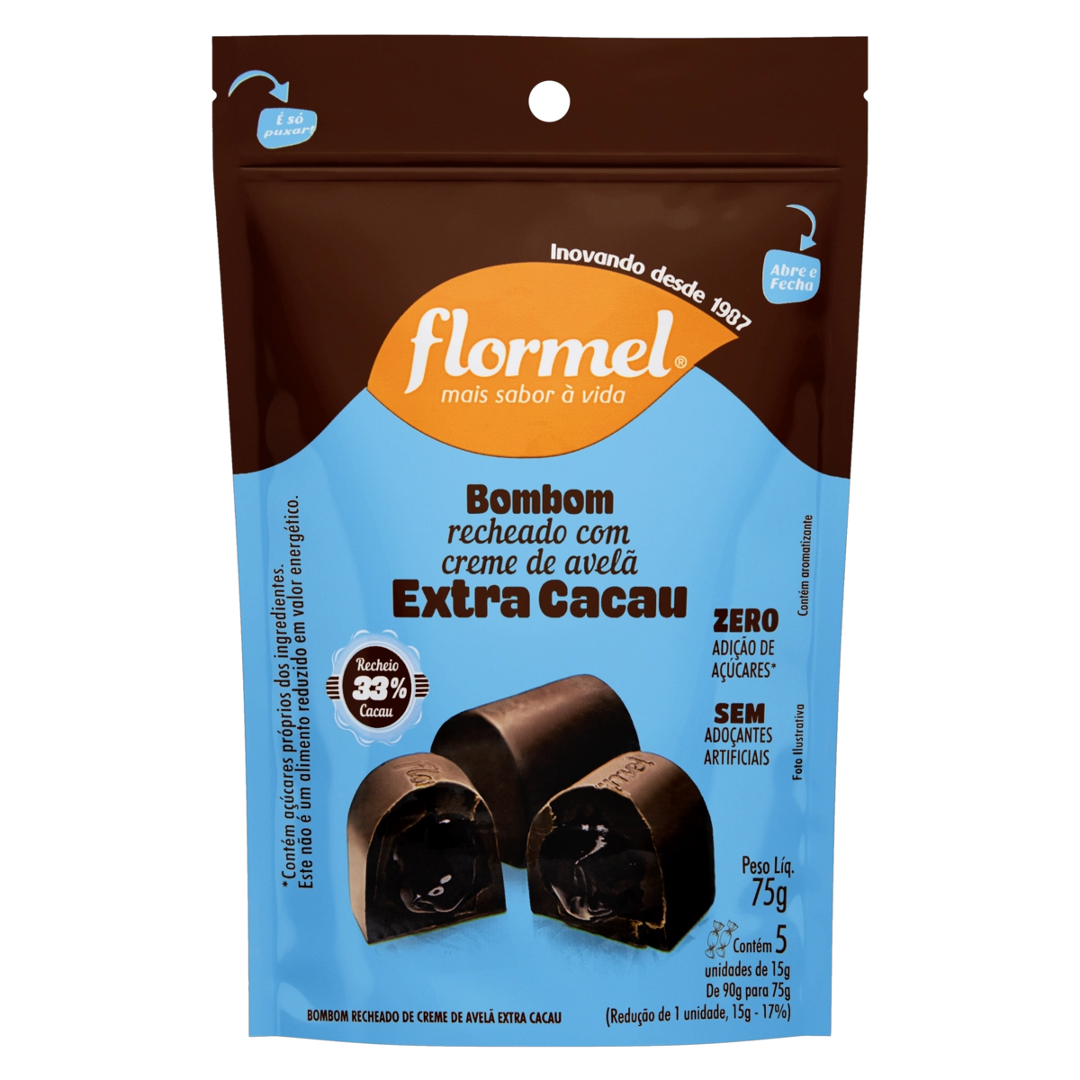 Bombom Recheio Creme De Avelã Extra Cacau Flormel Pouch 75g 5 Unidades