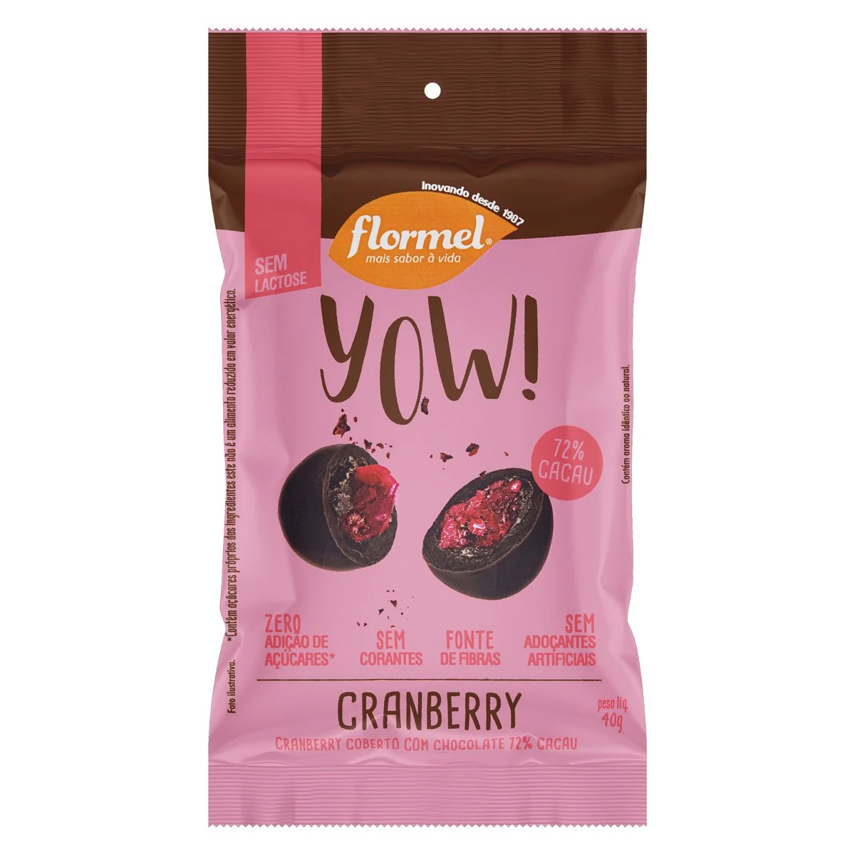 Cranberry Cobertura Chocolate 72% Cacau Zero Lactose Flormel Yow 40g
