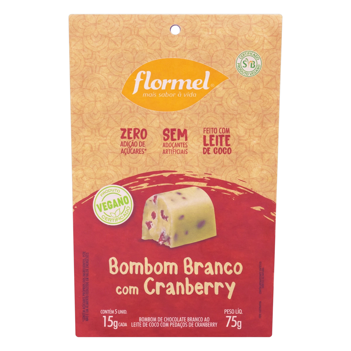 Bombom Flormel Chocolate Branco com Cranberry Zero açúcar 15g 18Und