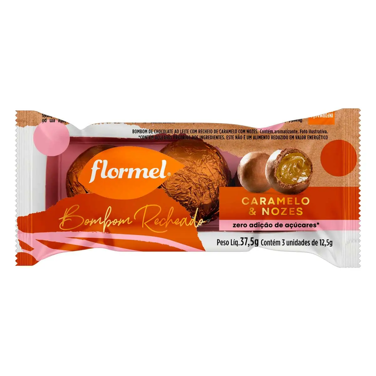 Bombom de Caramelo & Nozes sem Adição de Açúcar Flormel 37,5g 3 Unidades
