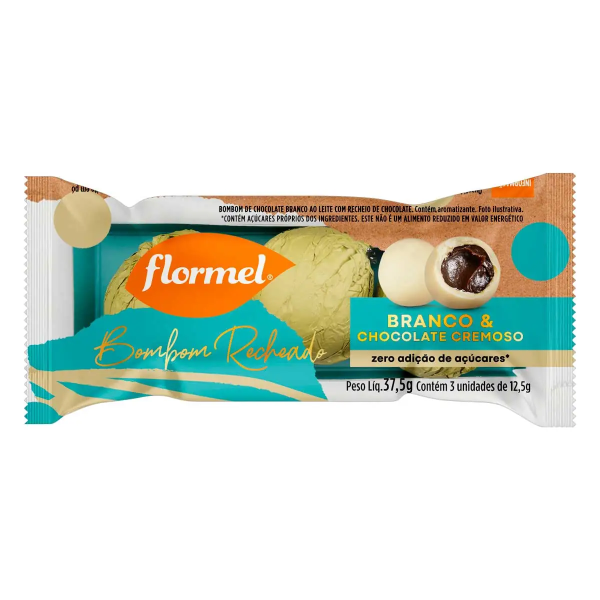 Bombom de Chocolate Branco & Cremoso sem Adição de Açúcar Flormel 37,5g 3 Unidades