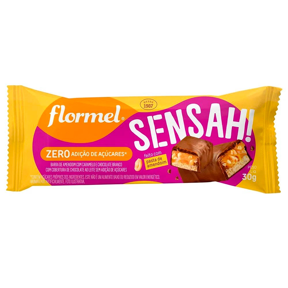 Barra De Amendoim Cobertura Chocolate Ao Leite Flormel Sensah Caixa 480g 16 Unidades