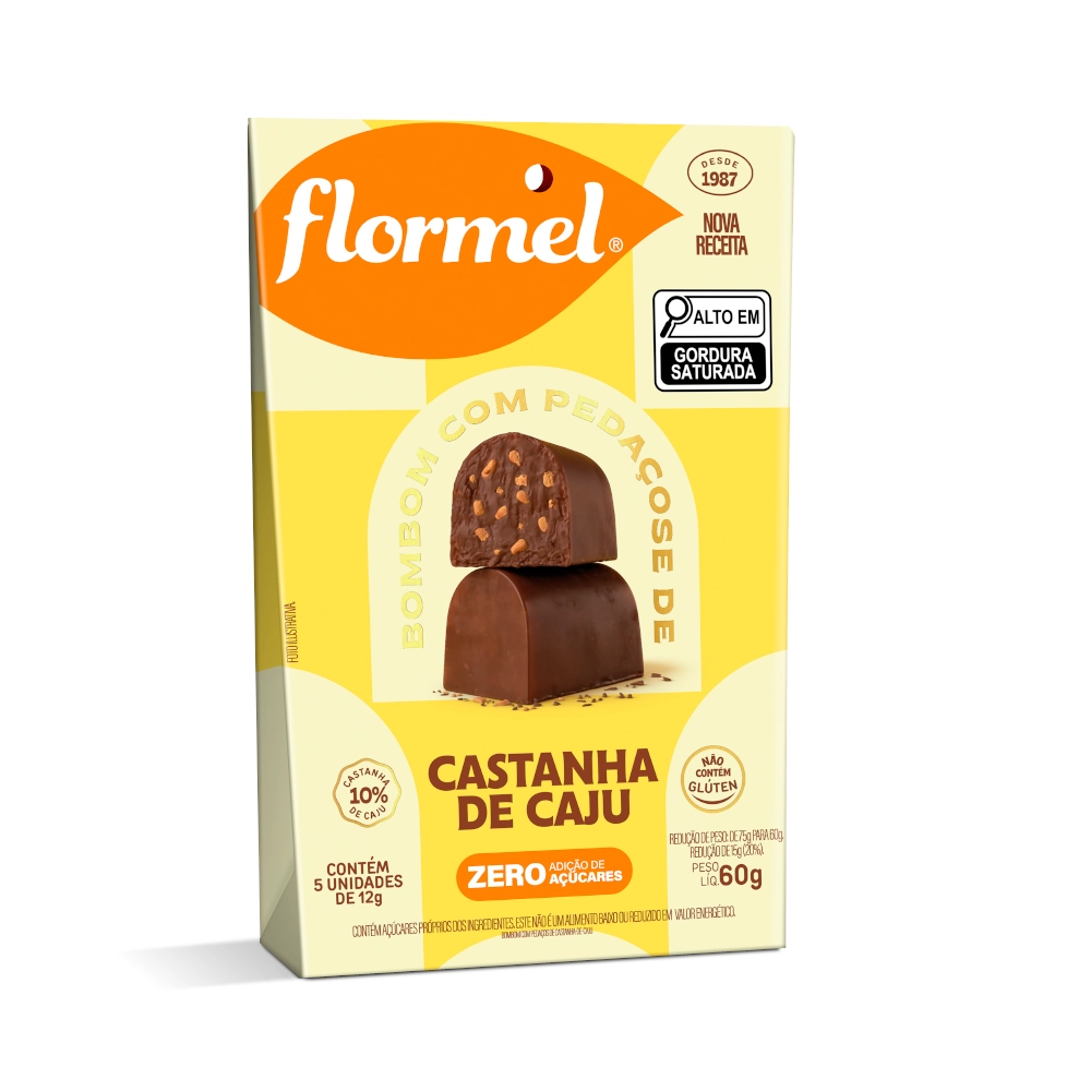 Bombom Com Pedaços De Castanha De Caju Flormel Caixa 60g 5 Unidades