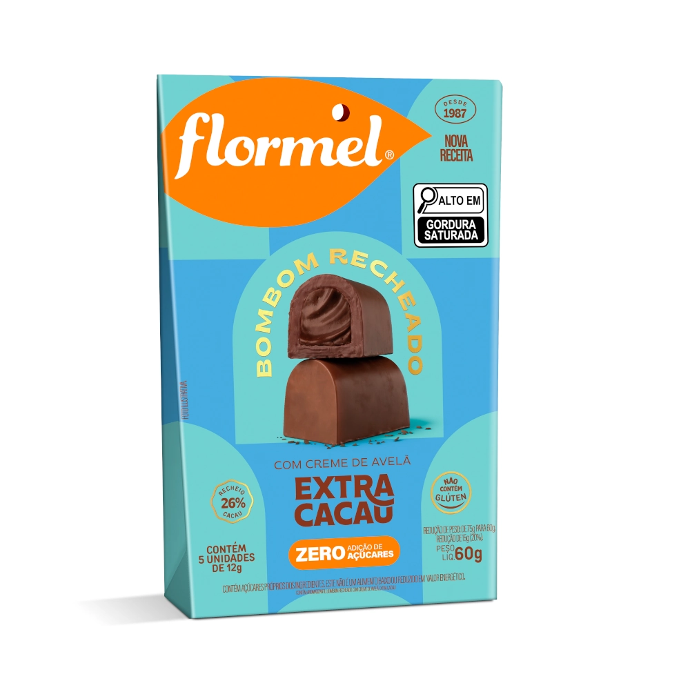Bombom Recheio Creme De Avelã Extra Cacau Flormel Caixa 60g 5 Unidades