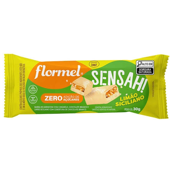 Barra De Amendoim Limão Siciliano Cobertura Chocolate Branco Flormel Sensah Pacote 30g
