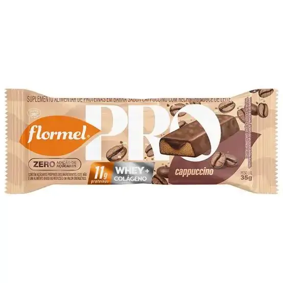 Barra De Proteína Cappuccino Recheio Doce De Leite Flormel Pro Whey Colágeno Pacote 35g