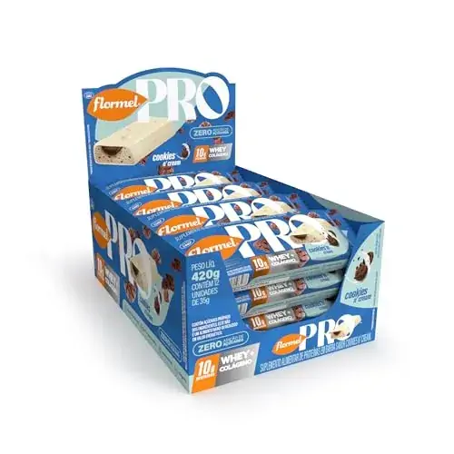 Barra De Proteína Cookies Ncream Flormel Pro Whey Colágeno Caixa 420g 12 Unidades