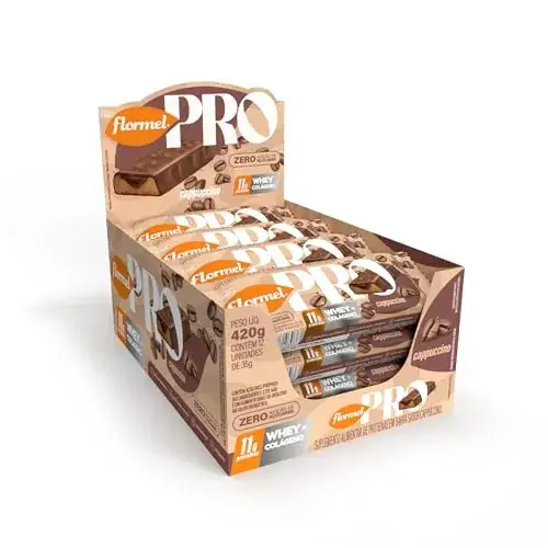 Barra De Proteína Cappuccino Flormel Pro Whey Colágeno Caixa 420g 12 Unidades