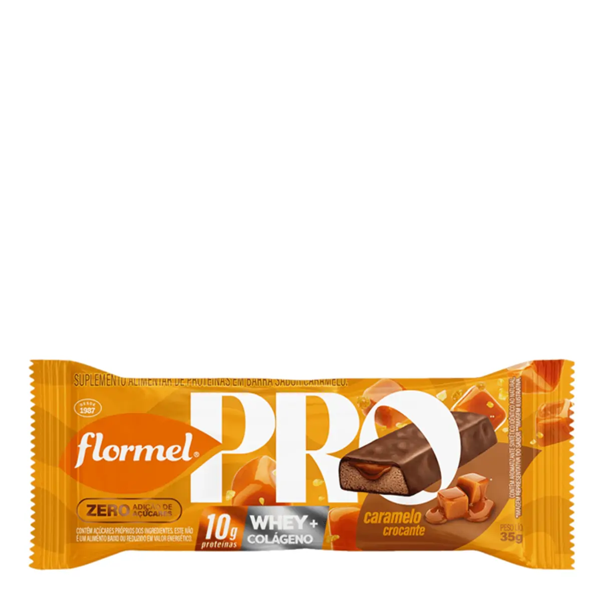 Barra De Proteína Caramelo Crocante Flormel Pro Whey Colágeno Pacote 35g