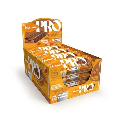 Barra De Proteína Caramelo Crocante Flormel Pro Whey Colágeno Caixa 420g 12 Unidades