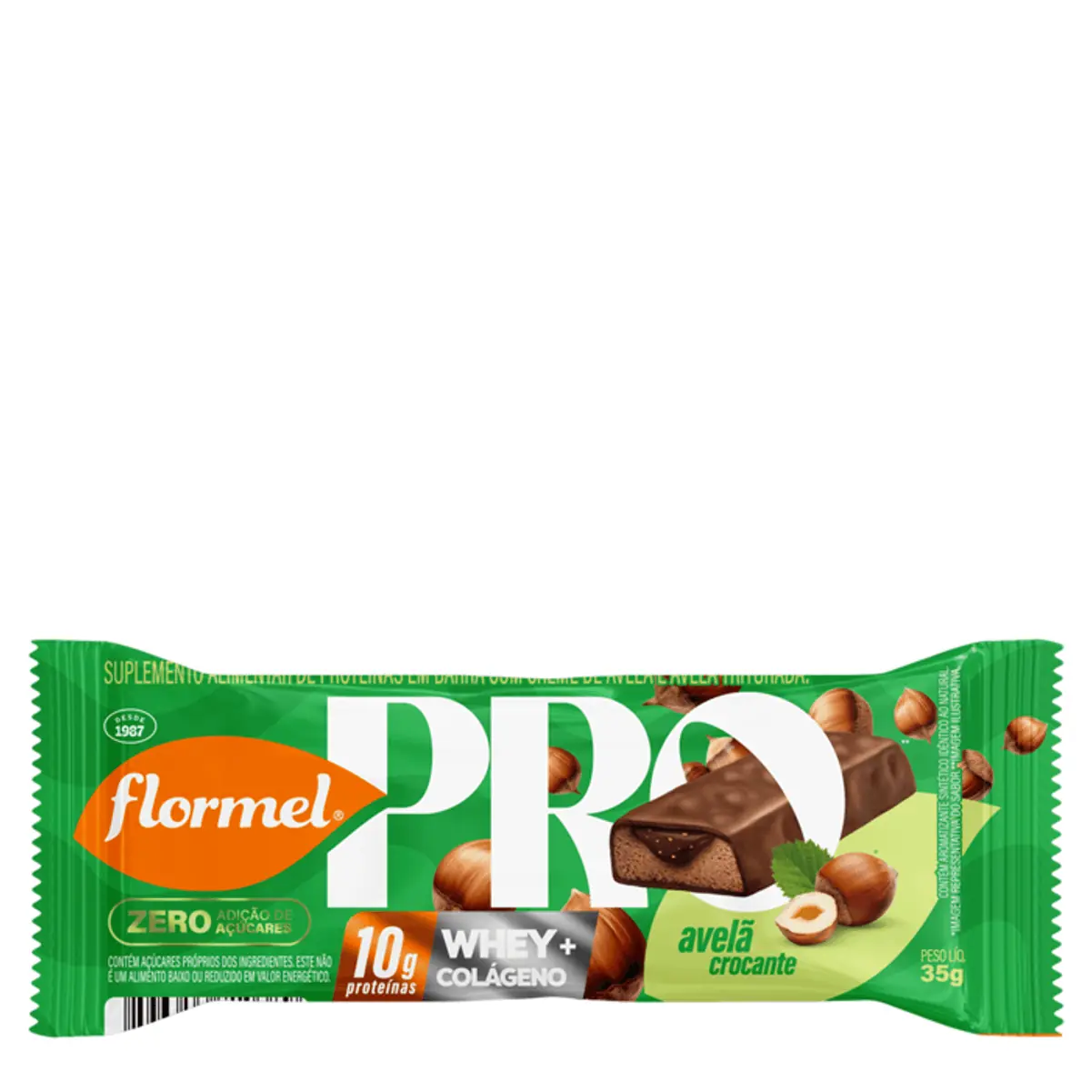 Barra De Proteína Avelã Crocante Flormel Pro Whey Colágeno Pacote 35g