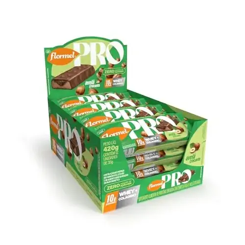 Barra De Proteína Avelã Crocante Flormel Pro Whey Colágeno Caixa 420g 12 Unidades
