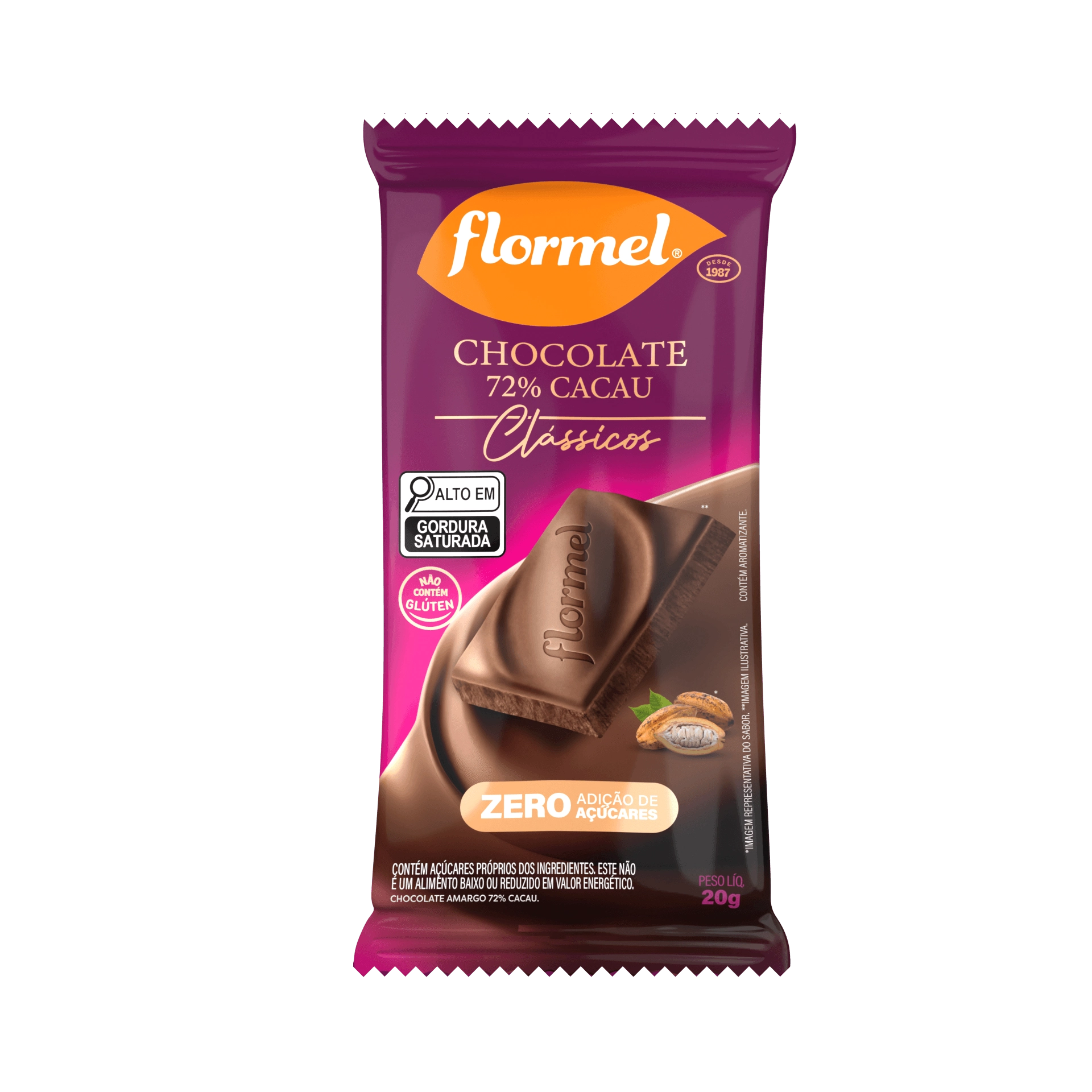 Chocolate Amargo 72 Cacau Flormel Clássicos Pacote 20g