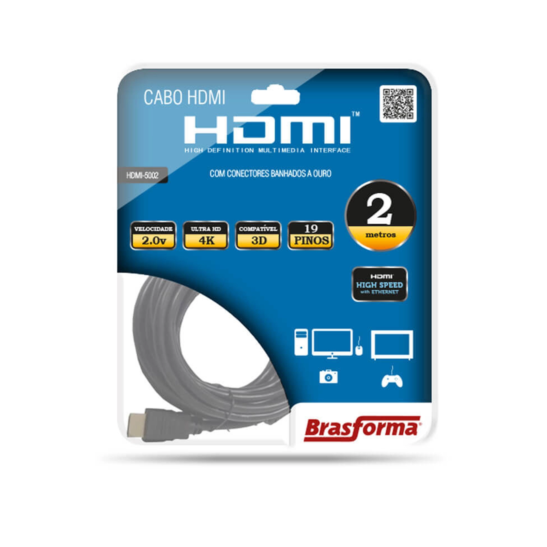 Cabo HDMI 2.0 4K 3D 1080p Ultra 2 Metros Brasforma
