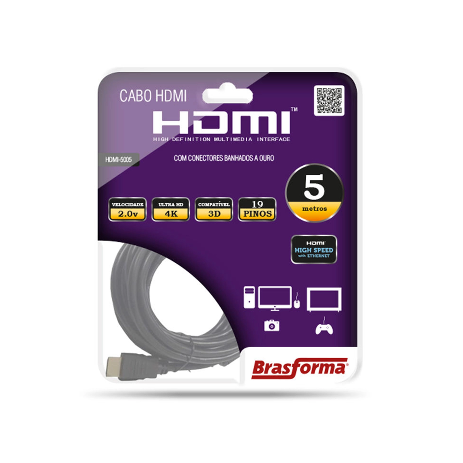 Cabo HDMI 2.0 4K 3D 1080p Ultra 5 Metros Brasforma