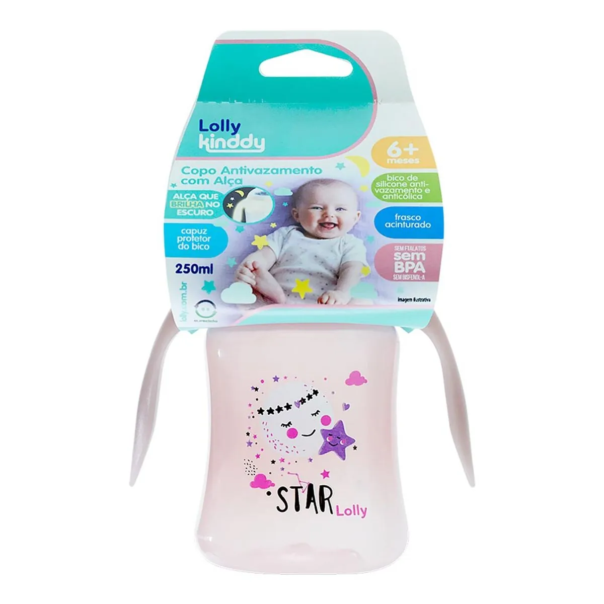 Copo Antivazamento Com Alça E Tampa Bico Rosa Star 250ml Lolly Kinddy