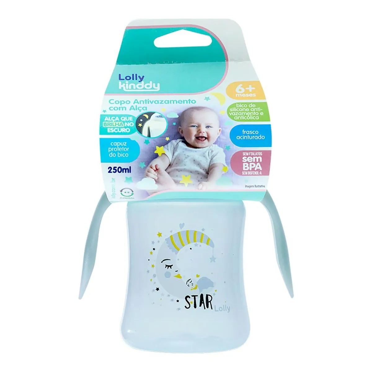 Copo Antivazamento Com Alça E Tampa Bico Azul Star 250ml Lolly Kinddy