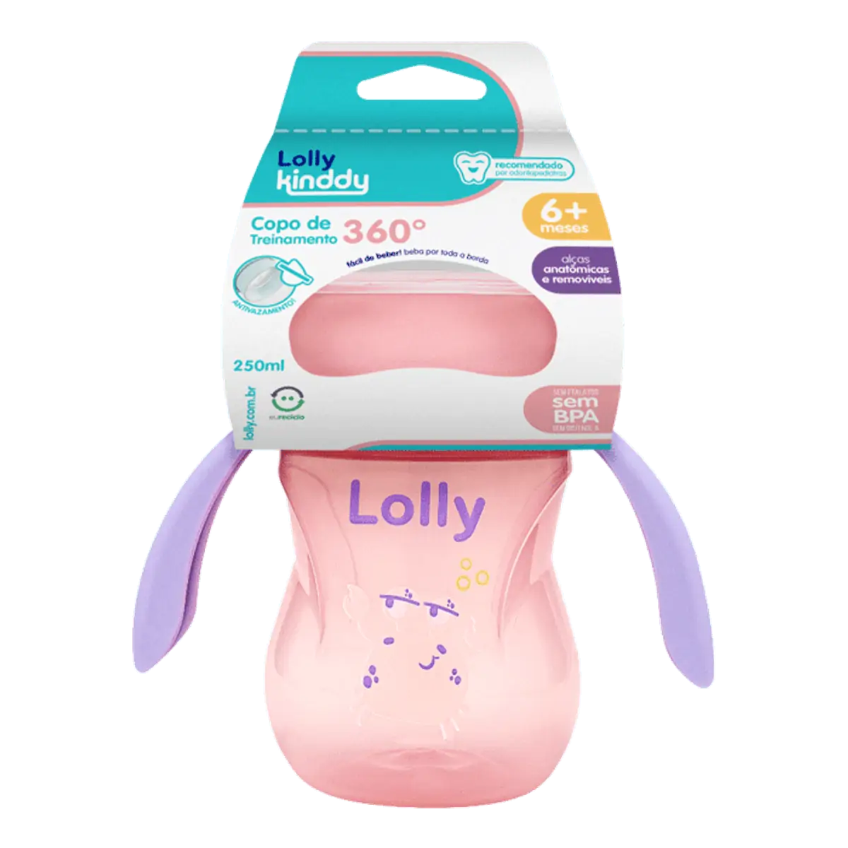 Copo Infantil com Alca Lolly Kindy 360° Oceano Rosa 250ml