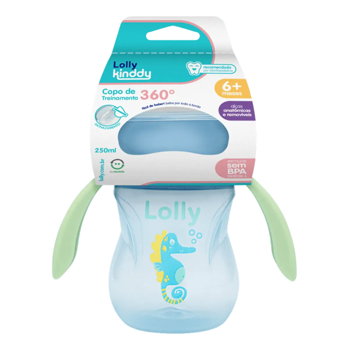 Copo Infantil com Alca Lolly Kindy 360° Oceano Azul 250ml