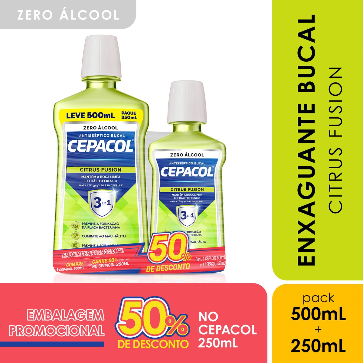 Kit Enxaguante Bucal Antisséptico 500ml Enxaguante Bucal Antisséptico 250ml Zero álcool Citrus Fusio