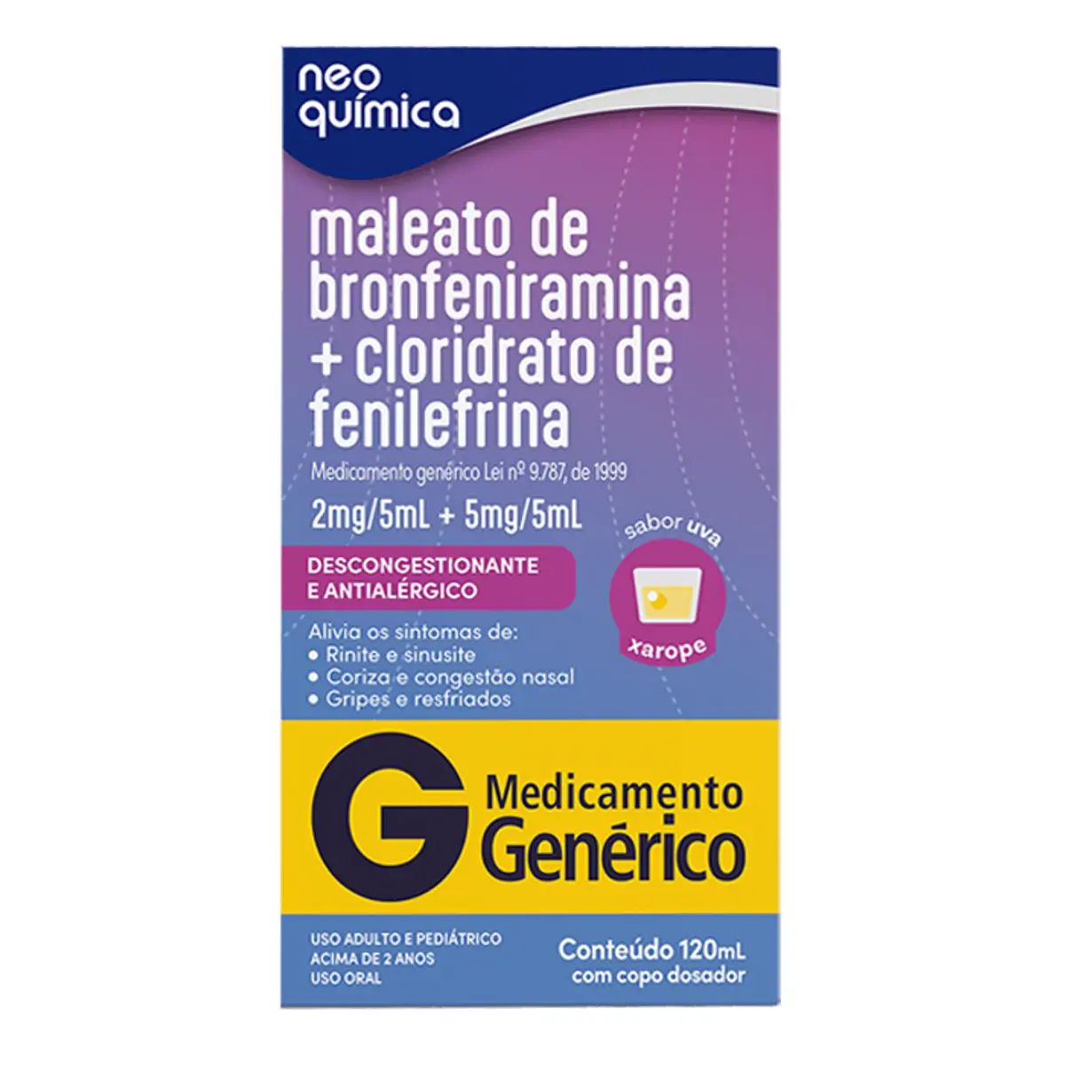 Maleato De Bronfeniramina 2mg/5ml Cloridrato De Fenilefrina 5mg/5ml Uva Neo Química Caixa 120ml Xaro