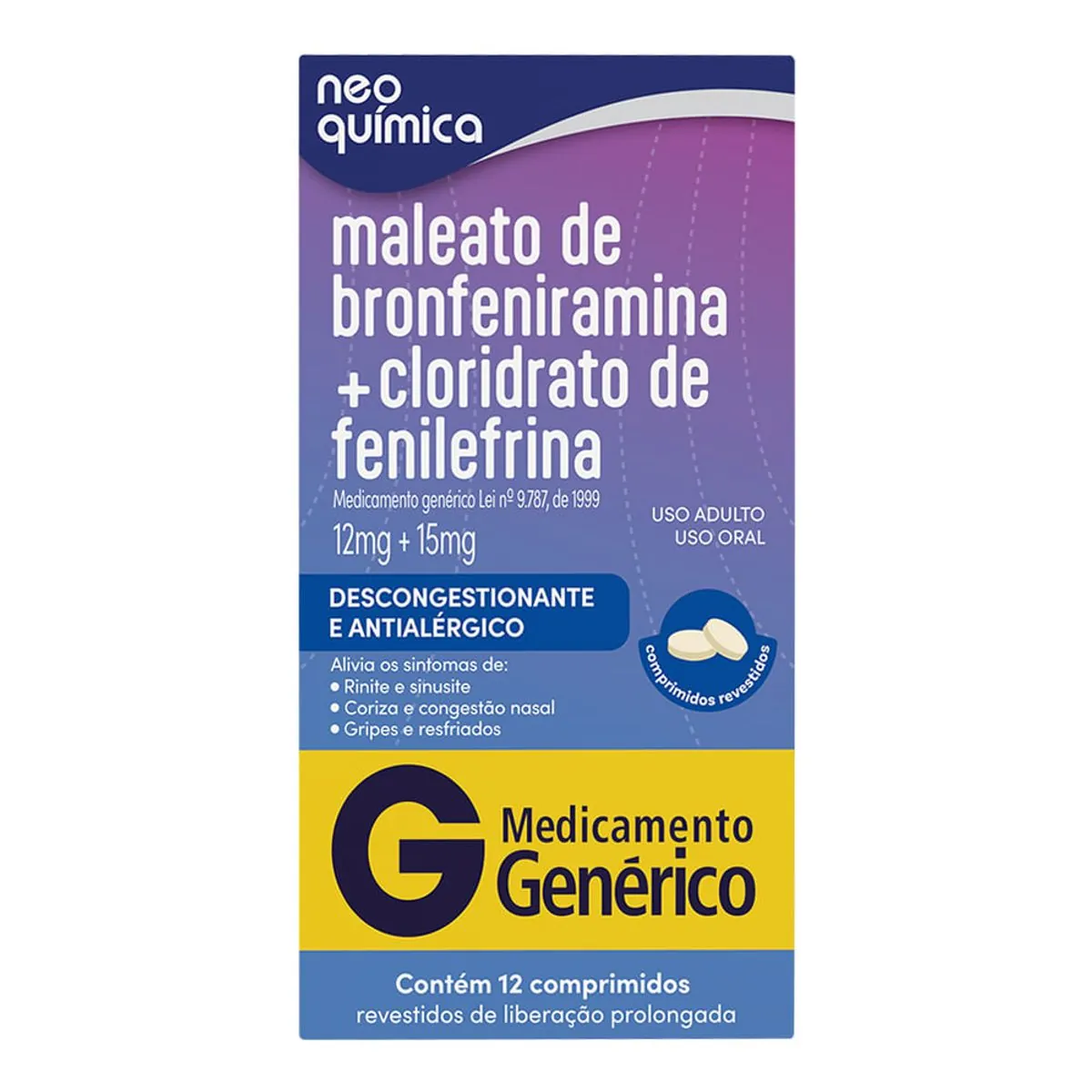 Maleato De Bronfeniramina 12mg Cloridrato De Fenilefrina 15mg Neo Química Caixa 12 Comprimidos Reves
