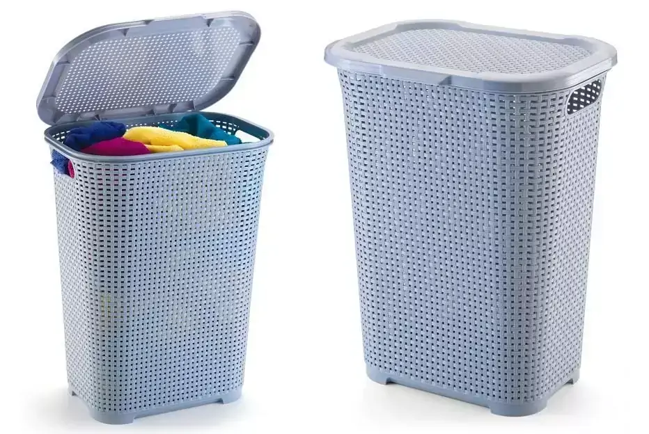 Cesto Telado Rattan Retangular com Tampa e Alça Cinza para Roupas 30 Litros 38X29,5X50CM