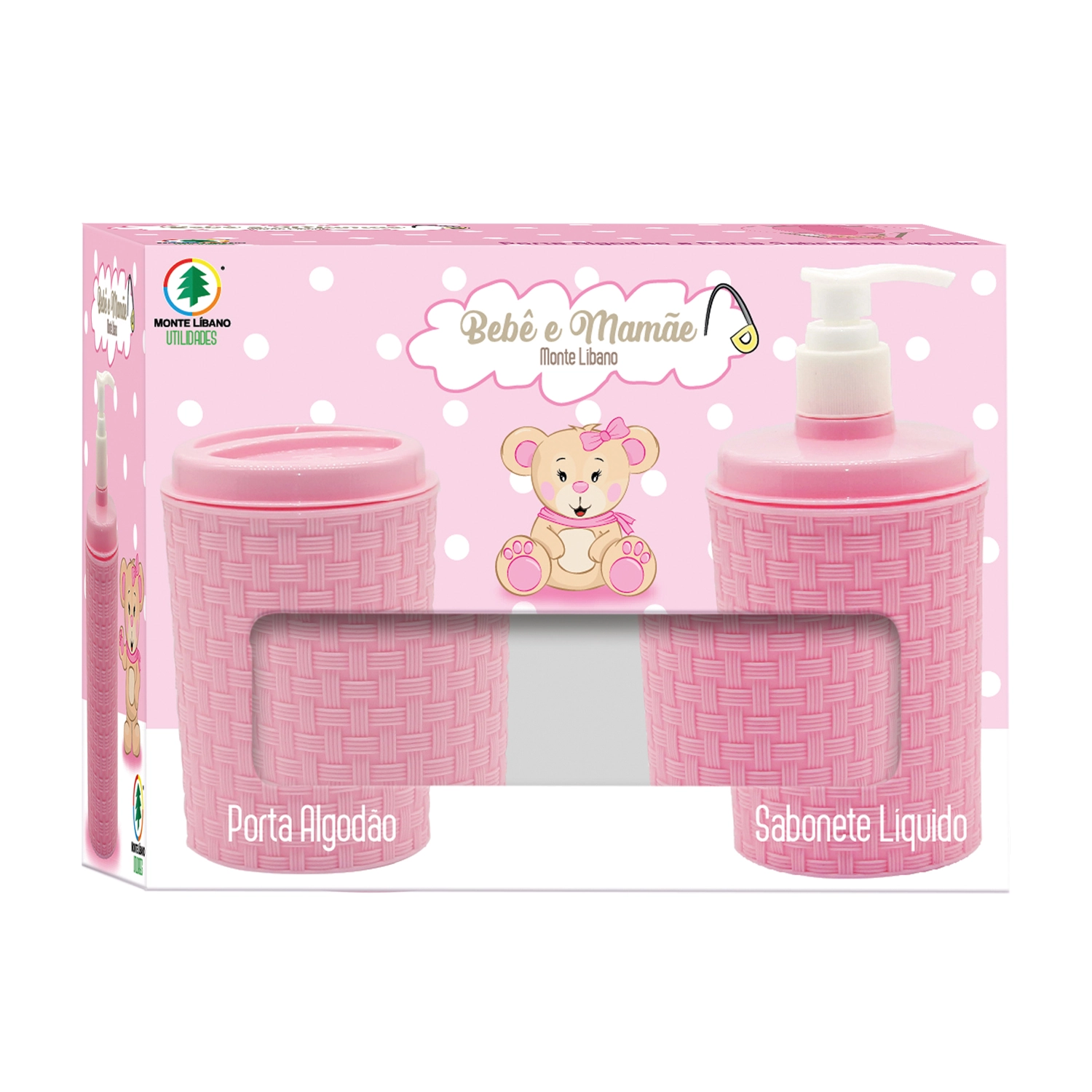 Kit Porta Algodao Sabonete Liquido Rosa Bm2061 Monte Libano
