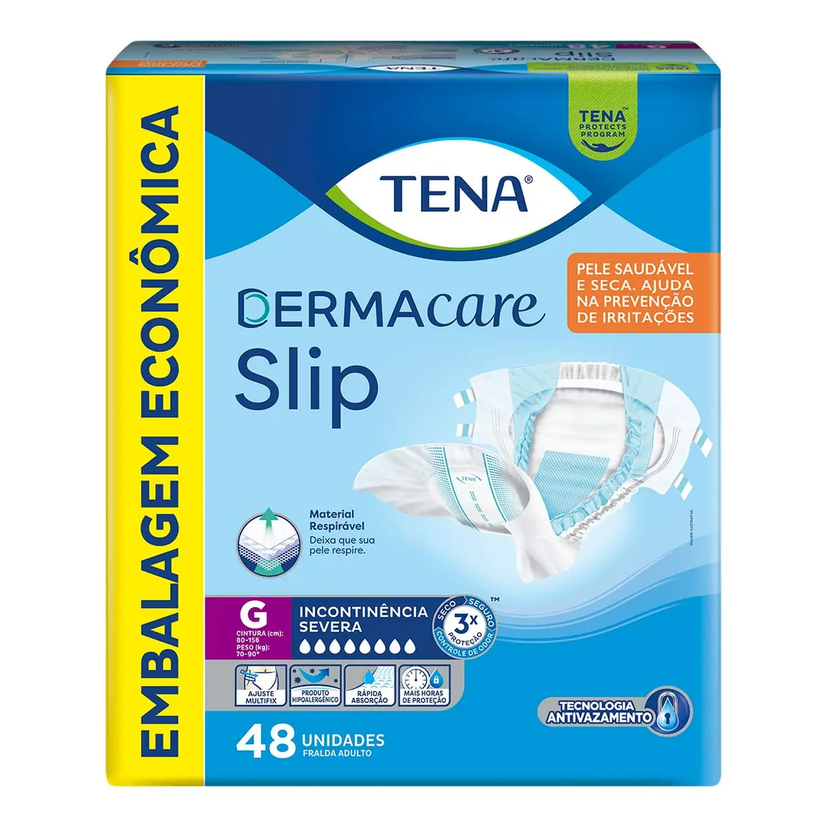 Fralda Descartável Adulto Tena Dermacare Slip G Pacote 48 Unidades Embalagem Econômica