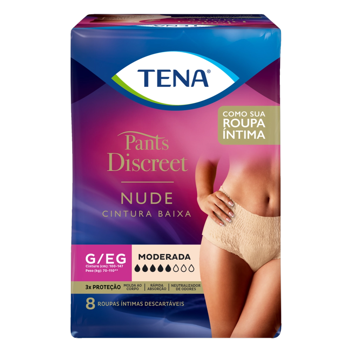 Calcinha Descartável Tena Pants Discreet Nude G/EG 8 unidades
