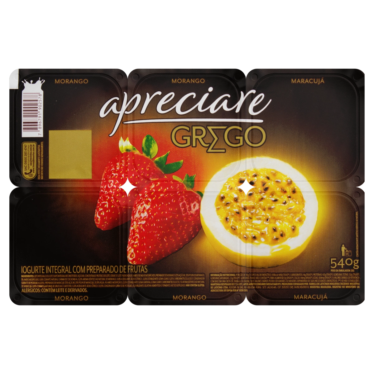 Iogurte Integral Grego Morango Maracujá Apreciare Bandeja 540g 6 Unidades