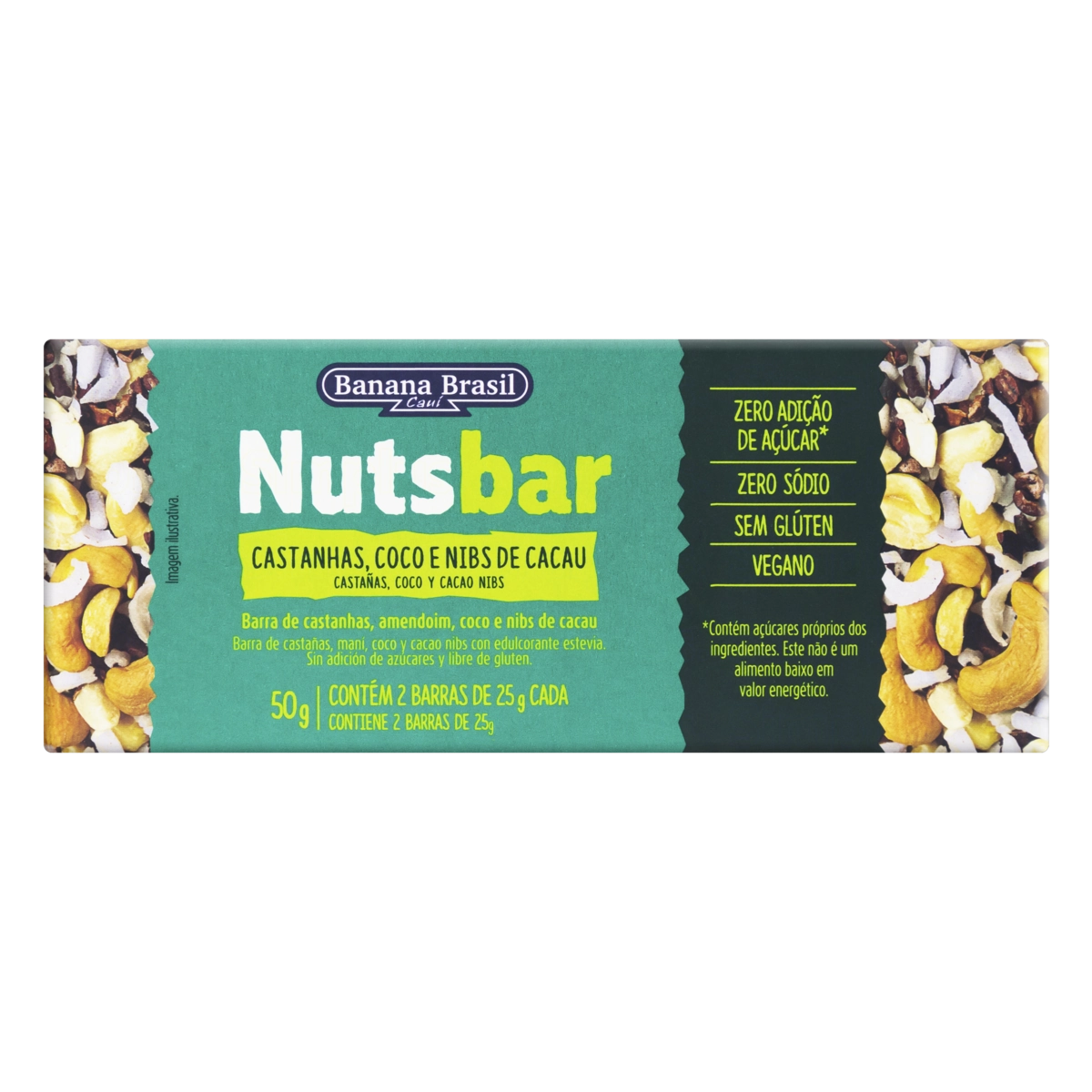 Pack Barra De Nuts Castanhas, Coco E Nibs De Cacau Zero Sódio Nutsbar Caixa 50g 2 Unidades