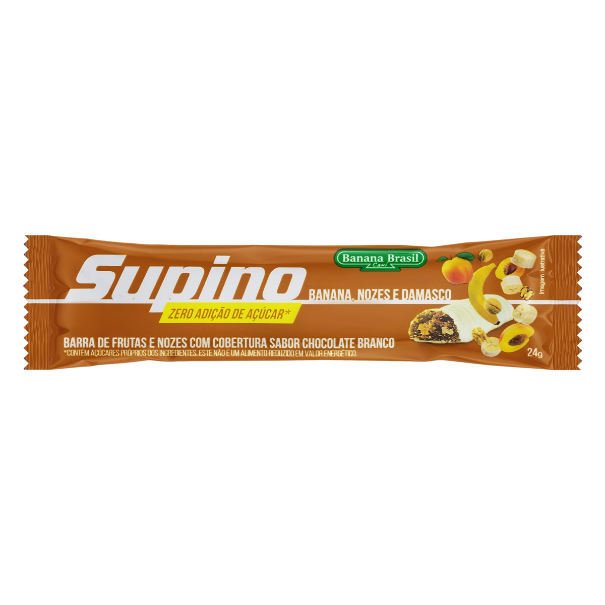 Barra De Frutas Banana, Nozes E Damasco Cobertura Chocolate Branco Supino Pacote 24g
