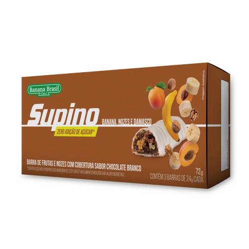 Pack Barra De Frutas Banana, Nozes E Damasco Cobertura Chocolate Branco Supino Caixa 72g 3 Unidades