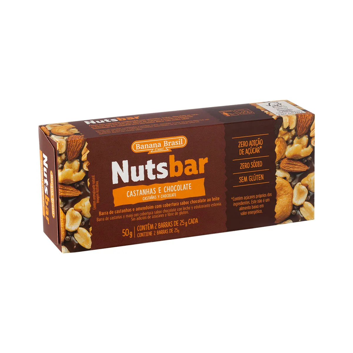 Pack Barra De Nuts Castanhas Cobertura Chocolate Ao Leite Zero Sódio Nutsbar Caixa 50g 2 Unidades