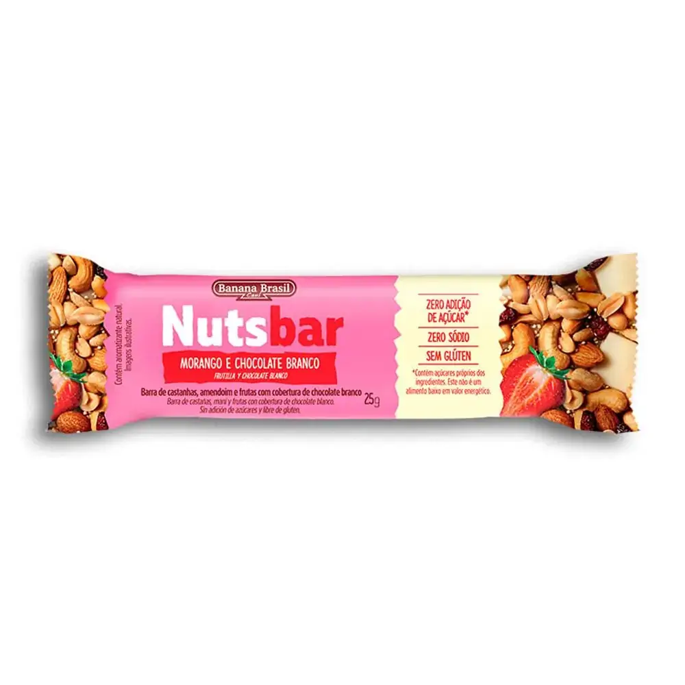 Barra Nuts de Castanhas Amendoim e Morango com Chocolate Branco Nutsbar