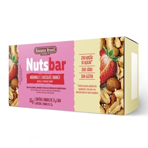 Pack Barra De Nuts Morango Cobertura Chocolate Branco Zero Sódio Nutsbar Caixa 50g 2 Unidades