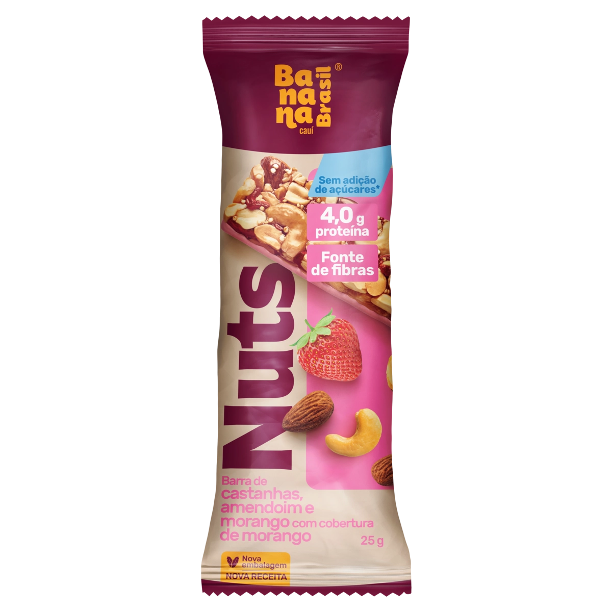 Barra De Nuts Castanhas, Amendoim E Morango Cobertura Morango Banana Brasil Pacote 25g