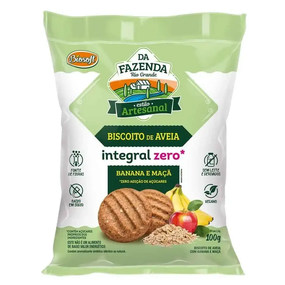 Biscoito Integral De Farelo De Aveia Zero 100g Banana .maça, Canela Biosoft