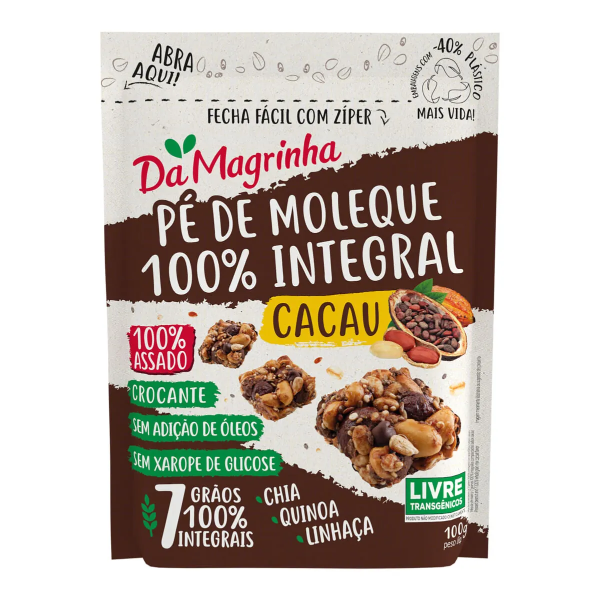 Pé de Moleque Da Magrinha 100% Assado 7 Grãos 100% Integral Crocante Cacau Pouch 100 g