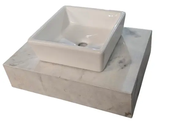Lavatório Em Marmore Branco C/ Cuba Quadrada De Sobrepor 60cm