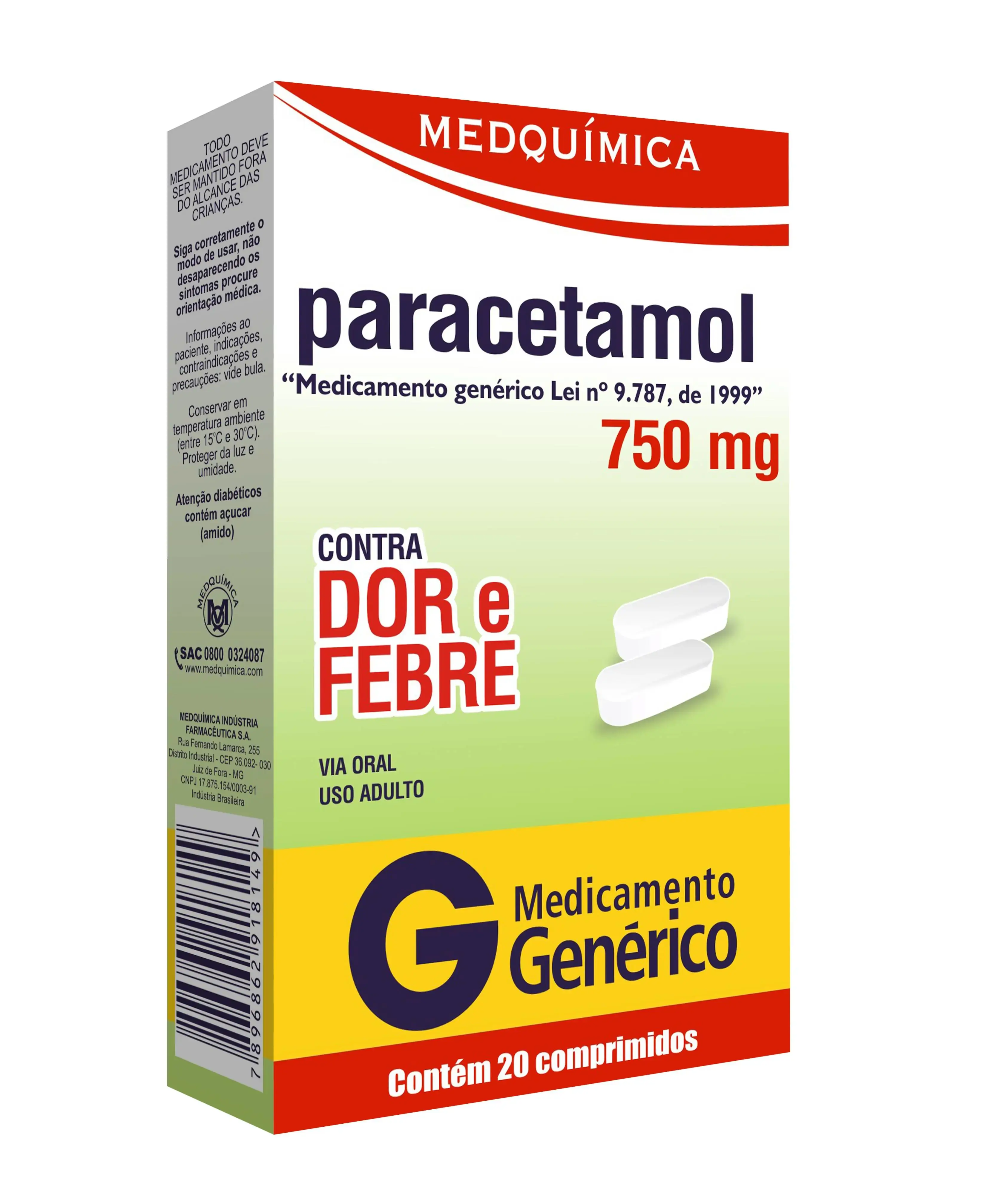 Paracetamol 750mg Medquímica Caixa 20 Comprimidos