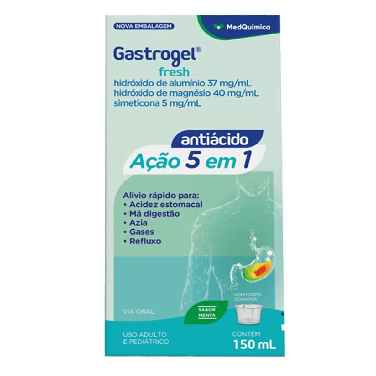 Gastrogel Fresh Menta Medquímica Caixa 150ml Suspensão Oral Copo Dosador