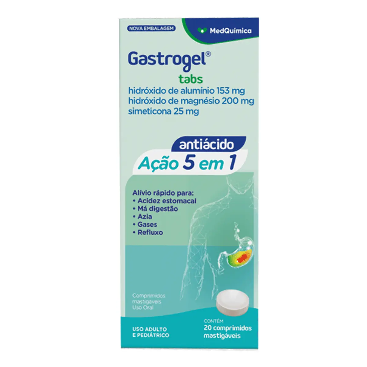 Gastrogel Tabs 153mg Medquímica Caixa 20 Comprimidos Mastigáveis